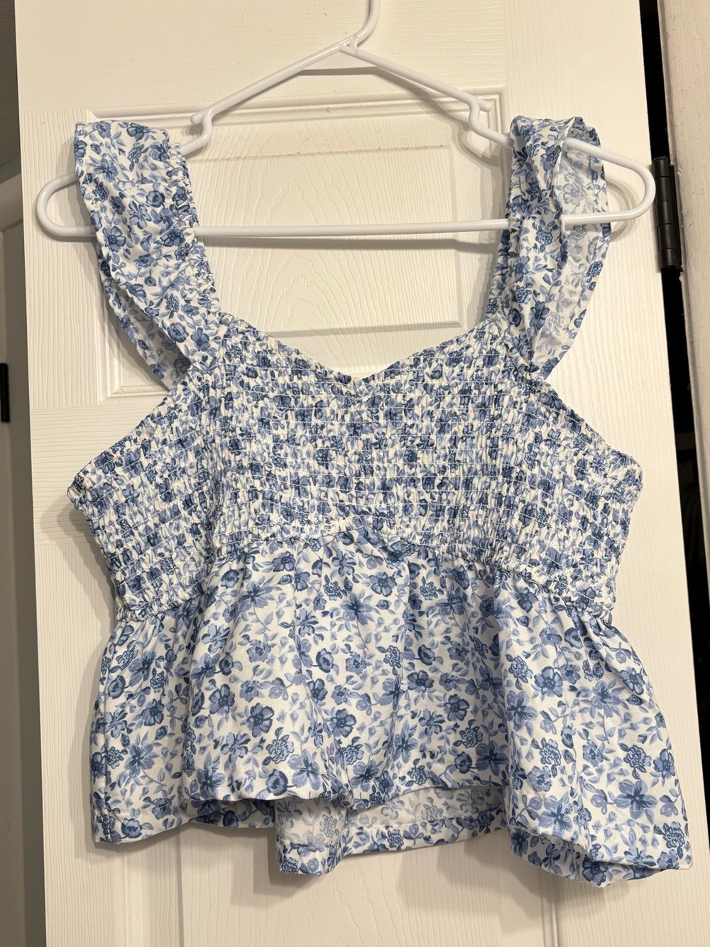 Blue Floral Smocked Crop Tank Top